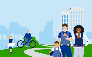English: A flat-style illustration showing diverse people of different ages in a green city landscape, with wind turbines and a modern office building in the background.